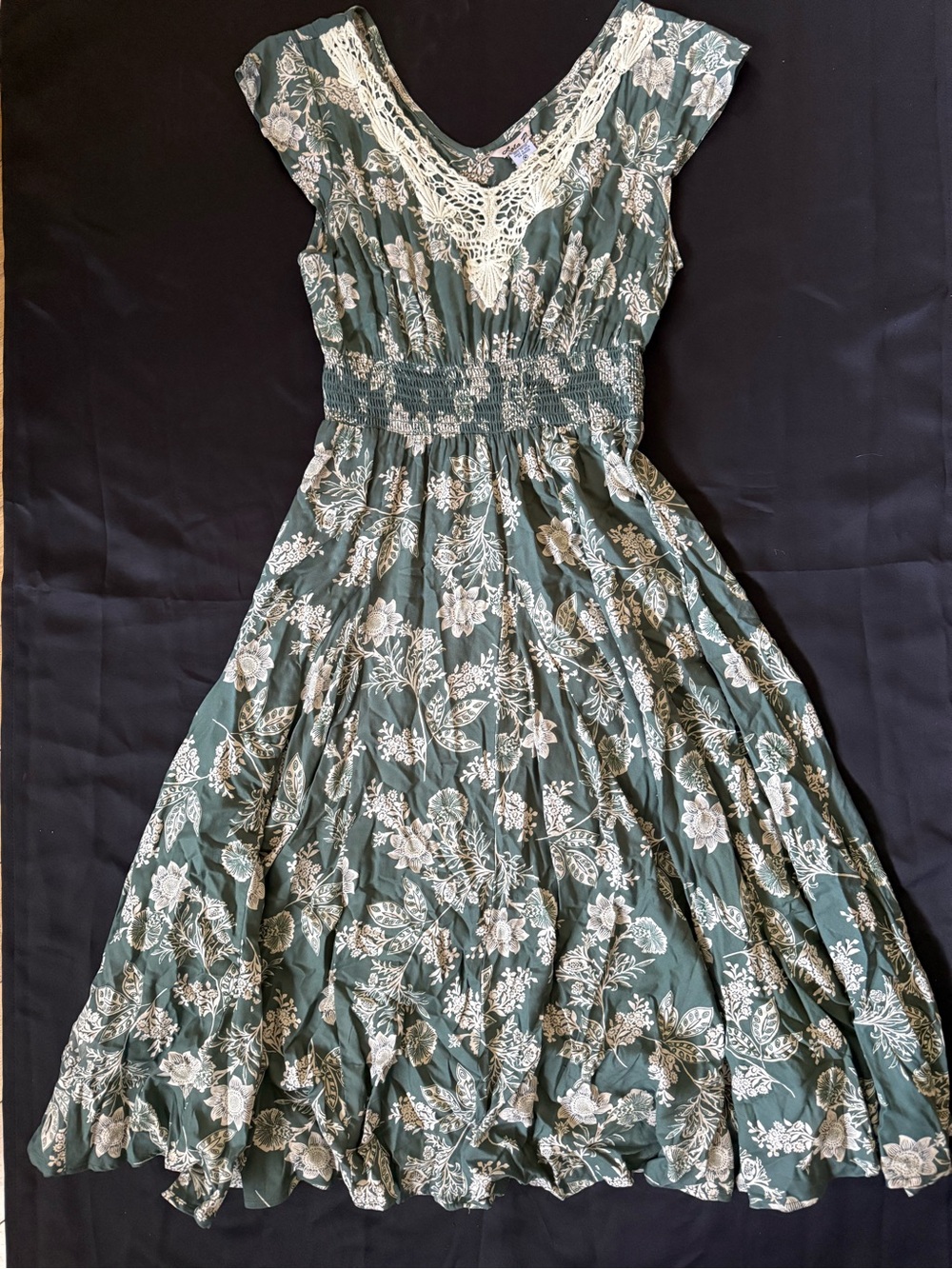 lola Green Floral Maxi Dress with Cream Lace Yoke